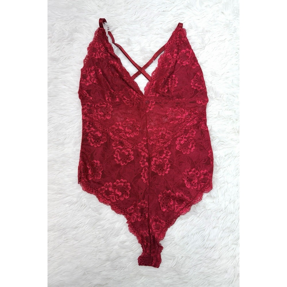 Avidlove Women Red Lace Bodysuit V Neck Criss Cross Straps Lingerie Medium M